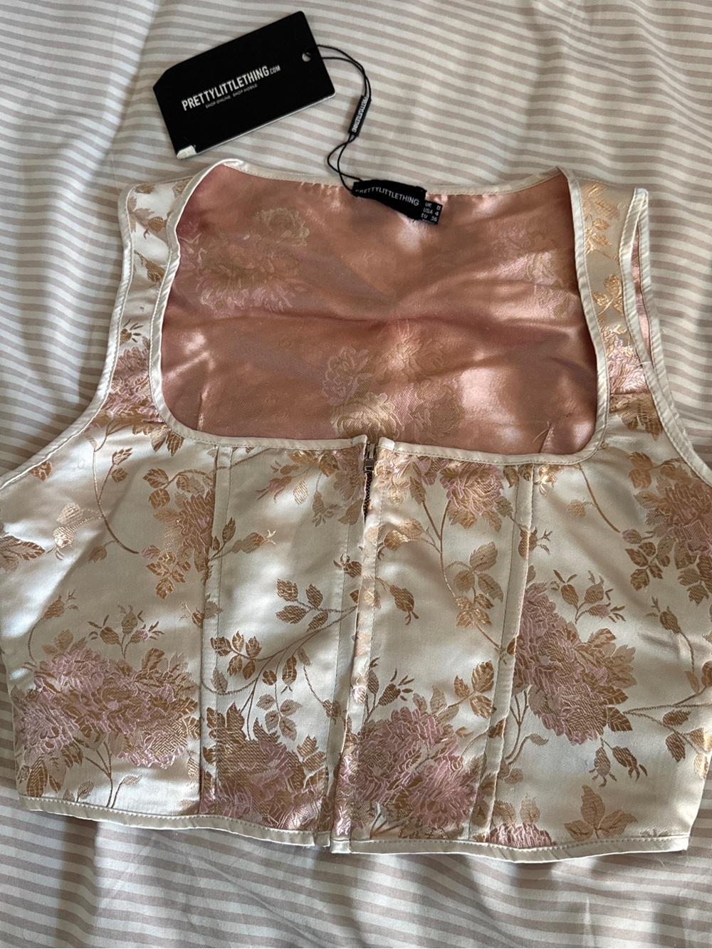 PrettyLittleThing Pink & Cream Floral Brocade Corset Crop Top